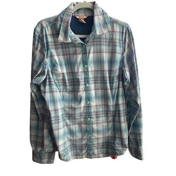 Duluth Trading Co women's size L blue aqua plaid zip pockets nylon button top - Picture 1 of 6